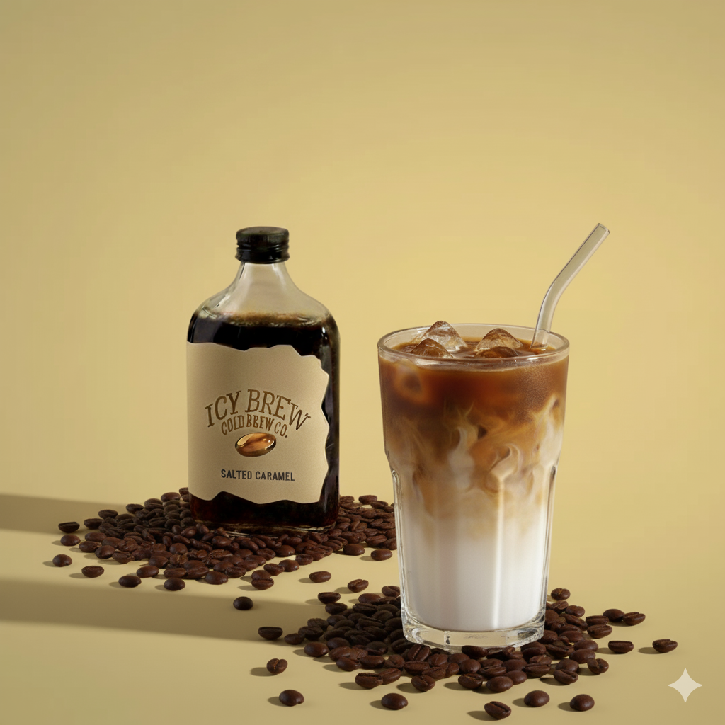 An iced coffee drink with milk swirls in a tall glass next to a bottle of Icy Brew Cold Brew Co. Salted Caramel, surrounded by coffee beans on a yellow background.