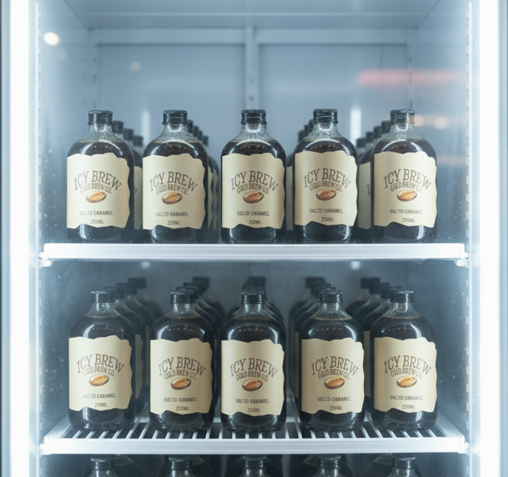 Two shelves of a brightly lit refrigerator filled with rows of "Icy Brew Cold Brew Co." bottles.