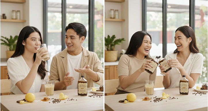A two-panel image showing friends enjoying Icy Brew coffee in a bright, modern kitchen. In one panel, a man and woman talk over iced coffee; in the other, two women laugh while holding Icy Brew bottles.
