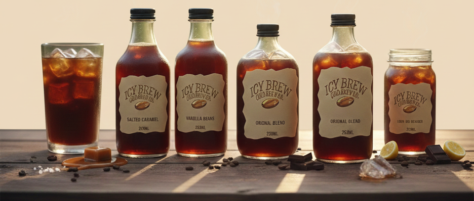 cy Brew Cold Brew Co. product line featuring four glass bottles and two iced coffee glasses on a rustic wooden table with caramel, chocolate, and lemon accents.