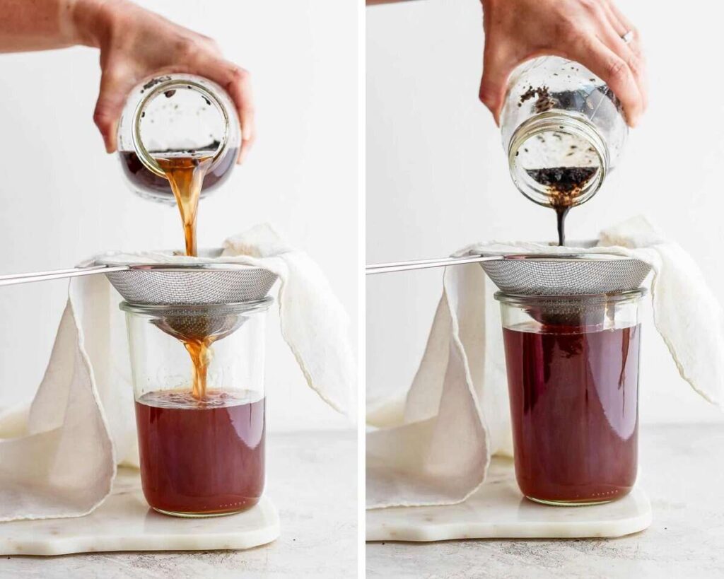 A side-by-side comparison showing cold brew coffee being poured from a jar through a mesh strainer and cheesecloth into a clean glass jar.